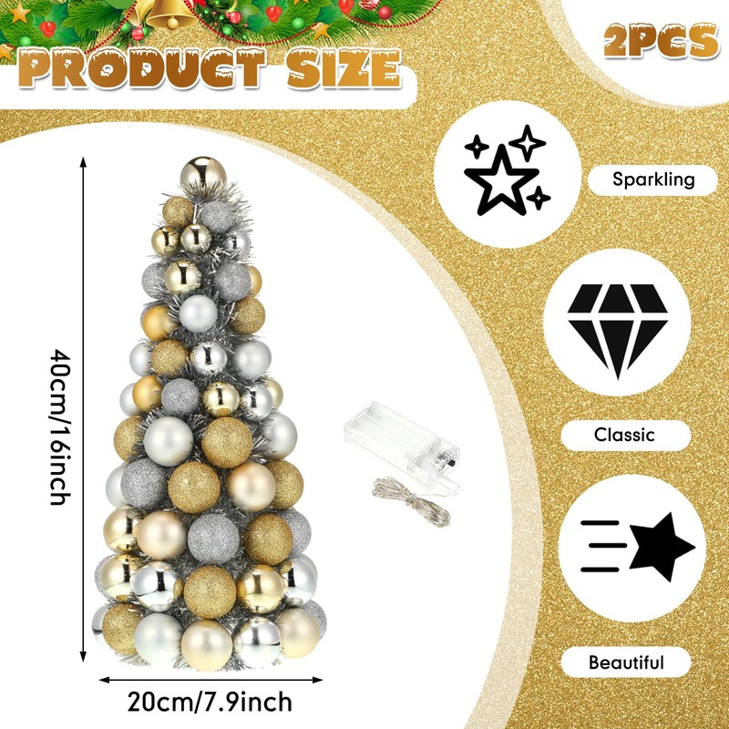 Meooeck 2 Pcs Christmas Ball Tree with Lights 16 Inch