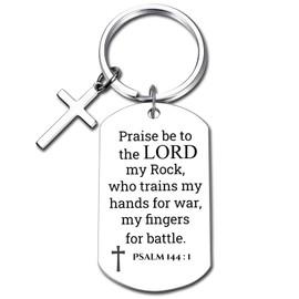 GiftYou Inspirational Scripture Metal Key Chains with Cross Pendant - Bible Verse Keychain Religious Gift for Christian, Psalm 144:1, Standard