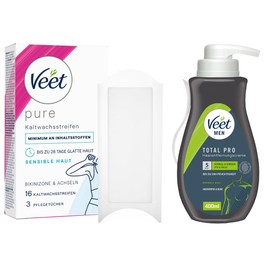 Veet Cold Wax Strips Bikini and Armpits Easy Hair Removal Even on Very Short Hair + Veet for Men 400 ml