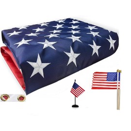 NALELI American Flag 3x5 FT Outdoor - Heavy duty US Flag, Made of Nylon, Embroidered Stars, Sewn Stripes and Brass Grommets come with 6 small american flags and one flag stand.