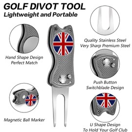 FINGER TEN Golf Divot Repair Tool Switchblade with Ball Marker Value 2 Pack, Stainless Steel Pitchfork with Pop-up Button Magnetic Marker Foldable Portable Gifts (2 Pack in Grey)