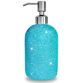 SlowVibes 18Oz Bling Blue Soap Dispenser with Rust Proof Stainless Steel Pump,Refillable Liquid Hand Wash Bottle for Bathroom Kitchen,Sparkle Decorative Shower Dispenser,Rhinestone Lotion Dispenser