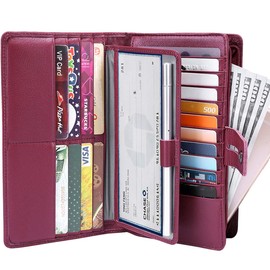 Itslife Womens Wallet,Large Capacity RFID Blocking Leather Wallets Credit Cards Organizer Ladies Wallet with Checkbook Holder,Wine Red