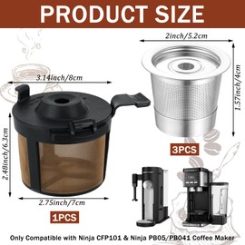 3 PCS Reusable K Cups & 1 PCS Coffee Filter Basket for Ninja Coffee Maker PB051 & CFP101/PB041 304 Stainless Steel Reusable K Cups and Coffee Pods Permanent Coffee Filter for Coffee Maker Accessories