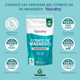 Nutrathy Citrato de Magnesio Premium 220 Cápsulas 400mg. 100% Natural, Cápsulas Veganas, Bottle Free, Más de 2 meses de porciones en 1 Solo Envase.
