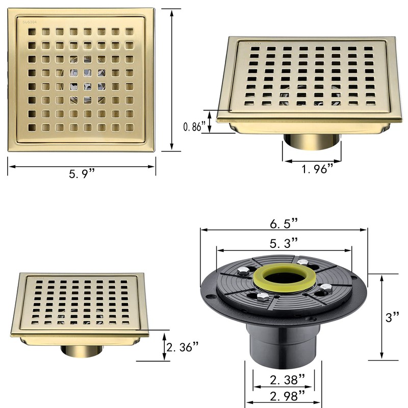 SEABEFORE Shower Drain 6 Inch Brushed Gold,Stainless Square Shower Floor