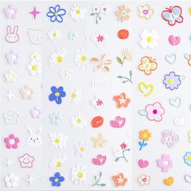 Flower Nail Art Stickers Self Adhesive 5D Embossed Nail Decals Including Floret Daisy for Nail Designs and Nail Decorations for Women Girls Nail Decor (4 Sheets)