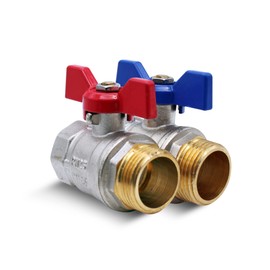 DOJA Barcelona Ball Valve, 2 Stop Valves, 1/2 Inch, Blue and Red, PN-25 Male Thread, Female Thread, in Brass, Ball Valve with Wing Handle for Toilet, Complete Water with Gas, Sanitary Hoses