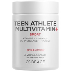 Codeage Teen Athlete Multivitamin+ Sports Supplement - Creatine, Methylated B Vitamins, Taurine, UC-II Collagen, Ferrochel Iron, Ashwagandha, Magnesium, Electrolytes - Non-GMO - 60 Capsules