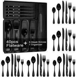 49-Piece Black Silverware Set with Organizer, Stainless Steel Flatware Set for 8 with Drawer Tray, Cutlery Steak Knives Fork Spoon for Home Restaurant, Mirror Finish