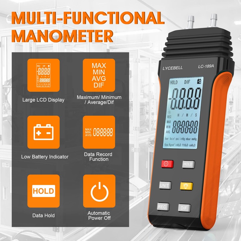 LC-189A Manometer, Digital Air Pressure Meter, Differential Pressure Gauge, HVAC