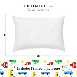 Toddler Pillow with Toddler Pillowcase - Soft Hypoallergenic - Best Pillow for Kids! Better Neck Support and Sleeping! Better Naps in Bed, a Crib, or at School! Makes Travel Comfier! (Trucks 'N Cars)