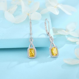 FJ Infinity Hanging Earrings Women's 925 Sterling Silver Princess Cut Square Earrings Birthstone Jewellery Gifts for Women, Sterling Silver Cubic Zirconia, Citrine