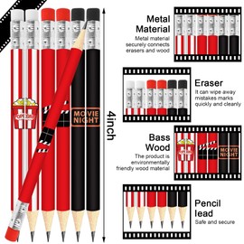 FYSUIMU 36Pcs Movie Night Pencil with Eraser Red Black Short Writing Pencil Cute Popcorn Mini Half Pencils Bulk for Classroom Office Stationery Supplies, 4 in