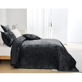 COCOPLOCEUS 3 Pieces Luxurious Velvet Oversized King Quilt Bedding Set 106x118 Striped Bedspread Coverlet Quilted Set with 2 Pillow Shams 20x36 Ultra Soft Comforter for All Season, Black