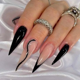 ANDGING Stiletto Press on Nails Long Black Glue on Nails with Bling Curved Line Designs Classy French Tip Fake Nails for Women Wedding Acrylic Full Cover Manicure False Stick on Nails 24 Pcs