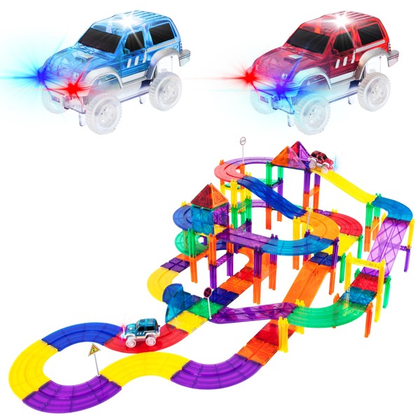 PicassoTiles 100 PCs Race Car Track Set Magnetic Toy Building Block with 2 LED Cars with Height Adjustable Roads Signs Education STEM Building Kit Learning Construction Fun for Boys & Girls Ages 3+