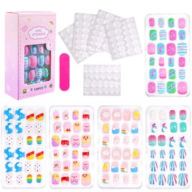 Virellay Pack of 120 Children's Nails - Stick-On Fingernails for Girls with Jelly Glue - 5 Different Designs Artificial Nails Children, Beautiful Gift for Girls (TD153-2, 120 Pieces)