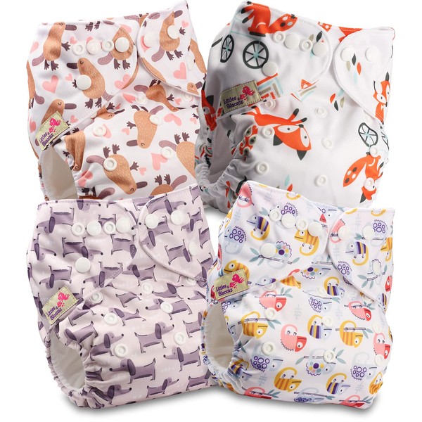 Littles and Bloomz Reusable Nappy, Standard Popper, 4 Nappies, FLP2-0405