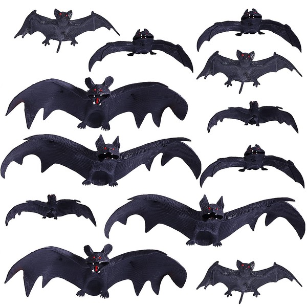 Max Fun 12pcs Halloween Hanging Bats Decorations Rubber Hanging Vampire Bats for Outdoors Halloween Party Favors Home Decor(5 Size)