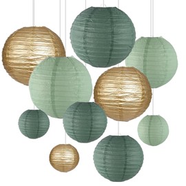 ZYOOO Pack of 10 Green Gold Paper Lanterns, Round Lampshade, Set of 3 Colours, 25 cm, 20 cm, 15 cm, Sage Green Lanterns, Wedding, Rustic Party, Bridal Shower, Birthday Party, Garden Party Decoration