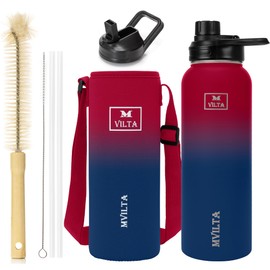 Mvilta Insulated Stainless Steel Water Bottle-Double Walled Vacuum Reusable Sports Water Bottle With Free Bottle Accessories - Ice: Up to 24 Hrs. Hot: Up to 12 Hrs. 40oz Red Wine-Navy