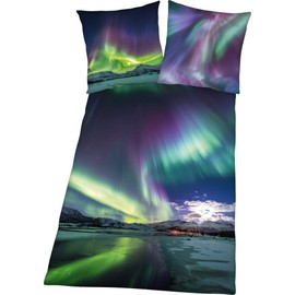 Herding Young Collection Bedding Set, Polar Lights Reversible Motif, Pillowcase 80 x 80 cm, Duvet Cover 135 x 200 cm, with Smooth Zip, Cotton/Renforcé