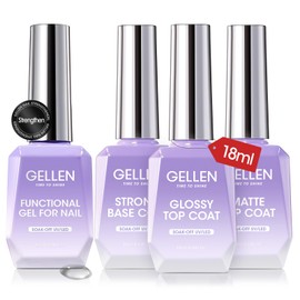 Gellen 4Pcs Gel Top Coat and Base Coat with Nail Strengthener Set for Gel Nail Polish - 18ml No Wipe Glossy & Matte Gel Top Coat, Base Coat Gel Nail Polish, Soak Off UV Gel to Nail Harder