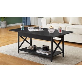 GreenForest Coffee Table with Storage, 39inch Modern Coffee Tables for Living Room, X-Frame Design Farmhouse Black Coffee Table Space Saving Living Room Tables, Easy Assembly, Black