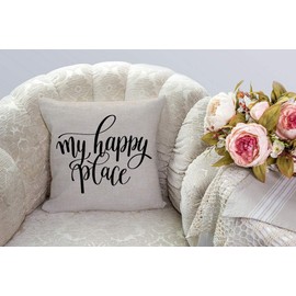 SSOIU My Happy Place Cotton Linen Throw Pillow Case Cushion Cover Home Office Decorative Square 18 X 18 Inches