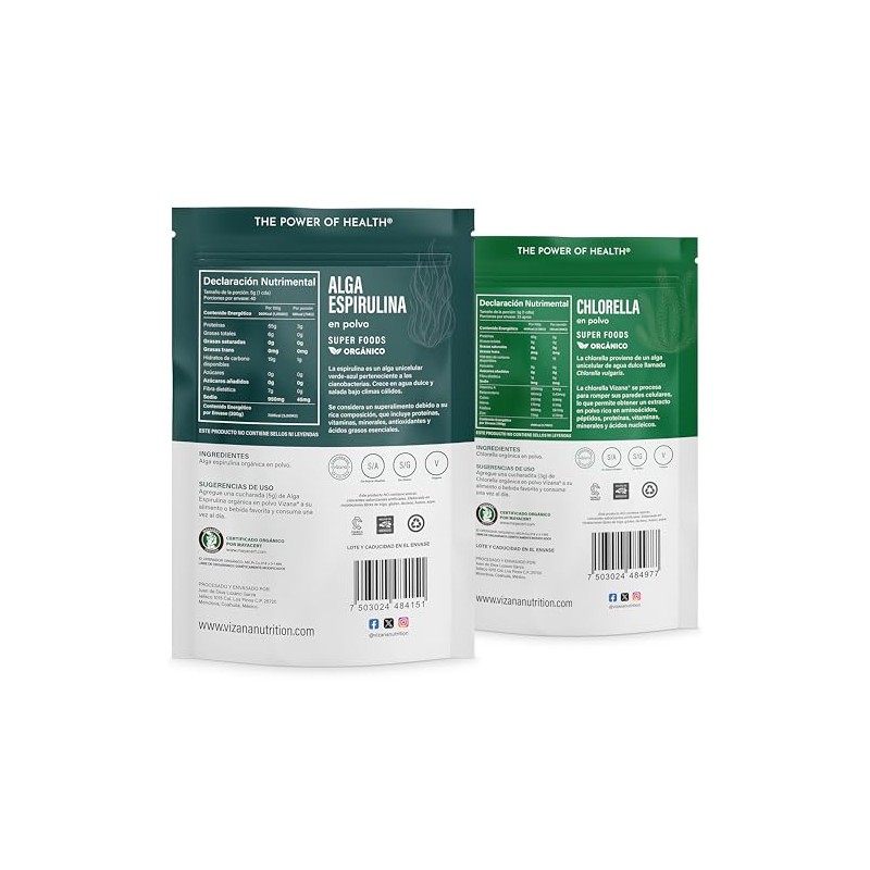 VIZANA NUTRITION Chlorella y Espirulina Orgánica Certificadas USDA en Polvo