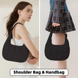 Puffer Crescent Shoulder Bag for Women, Quilted Purses for Women, Quilted Shoulder Purses with Adjustable Strap (Black)