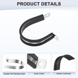 M METERXITY 6-Pack Cable Clamps, 1-7/8 Inch/ 48 mm 304 Stainless Steel Rubber Cushioned Insulated Cable Clamp R Shape Metal Holder for Tube/Wire/Pipe/Loop Installation
