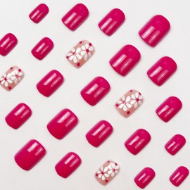 Peach Pink Press on Nails Short Square Fake Nails with Flower Design Spring Glue on Nail Full Cover Floral Nails Glossy Reusable Summer False Nail for Women Girls Manicure 24pcs