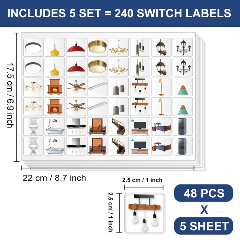 GOMAKERER 240 Pcs Light Switch Sticker Labels, 24 Designs Colorful