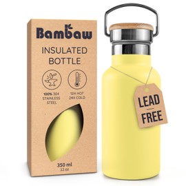 Bambaw 12 oz Metal Water Bottle Insulated with Handle, Leak-Proof Stainless Steel Water Bottle for School, Gym or Travel, Screw-Top Cap, Keeps Drinks Cold for 24h Cold & Hot for 12h (Yellow Beam)