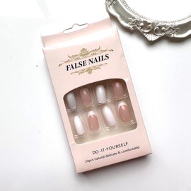 French Tip Press on Nails Medium Length Fake Nails Full Cover Round Head False Nails White Nail Tips Acrylic Nails Glossy Artificial Glue on Nails for Women Girls DIY Manicure Supplies(24Pcs)