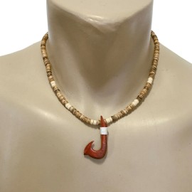 Hawaiian Jewelry Coconut Bead Hand Carved Wood Fishing Hook Necklace from Hawaii - Light Brown Coconut Beads