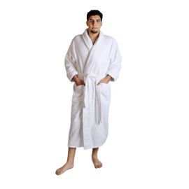 Superior Men's Traditional Premium Turkish Cotton Lightweight Long Bathrobe with Pockets, Large/Extra Large, Navy Blue, Small/Medium, White