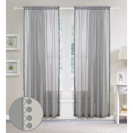 Elegant Comfort PomPom-Curtain-40in-Gray Luxurious Pom Pom Tassled Sheer Curtain/Panel with 2" Rod Pocket, Curtain Panels for Living Room, Bedroom, Gray, 40" Width, 84" Length, Pack of 2