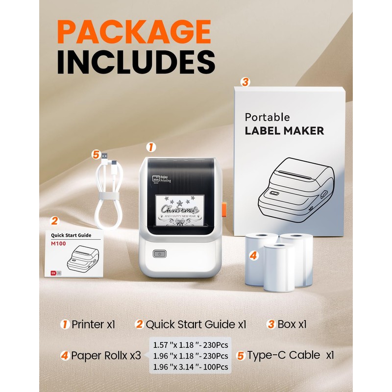 Ponek Label Maker Machine with 3 Tapes, M100 Bluetooth Label