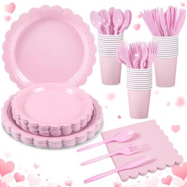 Xiangqu Xiangqu 175 Pcs Pink Paper Plates and Napkins, Valentines Plates Light Pink Party Supplies Include Pink Scalloped Plates Napkins Cups Plastic Spoons Forks Knives for Baby Shower, Wedding, Birthday