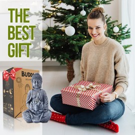 Yeomoo Buddha Figuren mit Solarlampen für Deko Wohnzimmer Schreibtisch Zubehör : Buddha Figur Zen Garten Zimmer Deko Geschenke für Frauen Mama Geburtstagsgeschenk Wetterfest Dekoration Grau 20CM