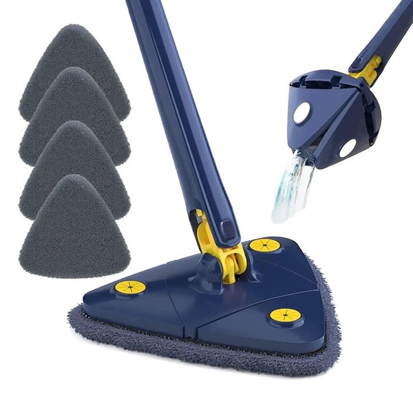 360 Degree Rotatable Adjustable Cleaning Mop,with 4 Replacement Pads New Telescopic Triangular Mop with Automatic Water Squeezing Function