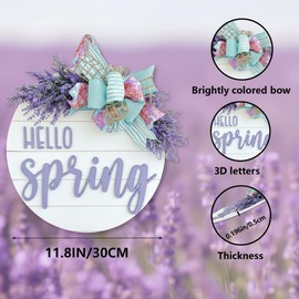 Hello Spring Wreaths,Wooden Door Sign for Front Door with Colorful Bow Rustic Spring Door Decorations Hanging for Holiday Farmhouse Home Office Shop Window