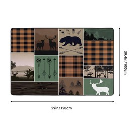 Cabin Deer Area Rugs,Rustic Hunting Camper Plaid Wild Bear Elk Forest Farmhouse Indoor Decor Non Slip Green Carpet Enterence Bedroom Study Kitchen 60x39 inch