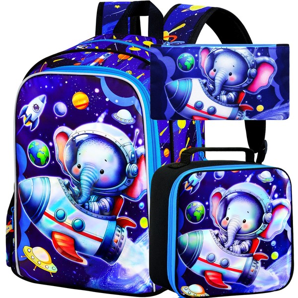 KLFVB 3PCS Boys Elephant Backpack, Water Resistant Kids Space Bookbag