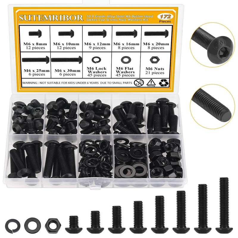 172 Pieces M6 Screws Nuts Washers Set Black, Sutemribor M6