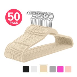 MIZGI Premium Velvet Hangers (Pack of 50) Heavyduty - Non Slip - Velvet Suit Hangers Ivory - Chrome Hooks,Space Saving Clothes Hangers