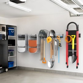 WALMANN Wall Mounted Garden Tool Organizer for Garage, Heavy Duty Folding Chair Storage Rack, 11-Inch Tools Storage Hooks for Shovels, Rakes, Ladders, Hold Up to 400 lbs